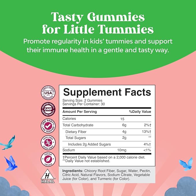 High Prebiotic Fiber Gummies for Kids - Dietary Fiber Supplements for Digestion & Constipation - Chicory Root Kids Immune Gummies - Non-GMO & Vegan Digestive Nutritional Supplements - 60 Count