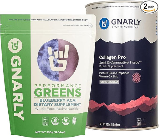 Gnarly Nutrition Collagen Pro, Unflavored (15.87oz) and Gnarly Performance Greens Blueberry Açai, (11.64 oz)