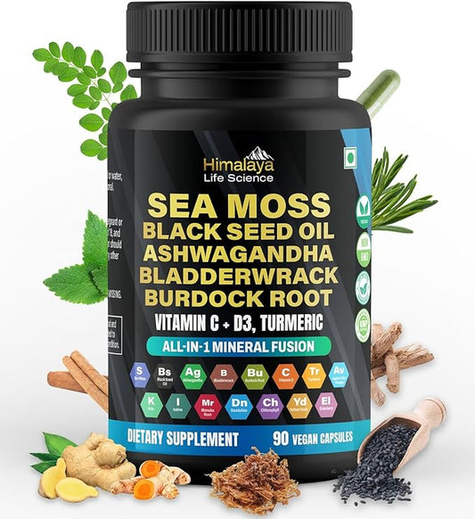 Sea Moss Black Seed Oil Bladderwrack Burdock Capsules. Ashwagandha, Turmeric, Vitamin C, Vitamin D3 with Elderberry Manuka Dandelion Yellow Dock Iodine- 90 Count, All-in-1