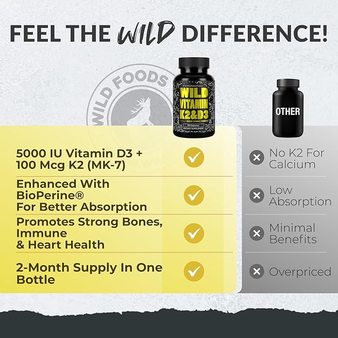 Wild Foods 5000iu Vitamin D3 + K2 | (100mcg Mk7) with Black Pepper Extract, Plant-Based, Non-GMO, Soy & Gluten-Free | Dietary Supplement | Made in USA | 60 Caps (Pack of 2)