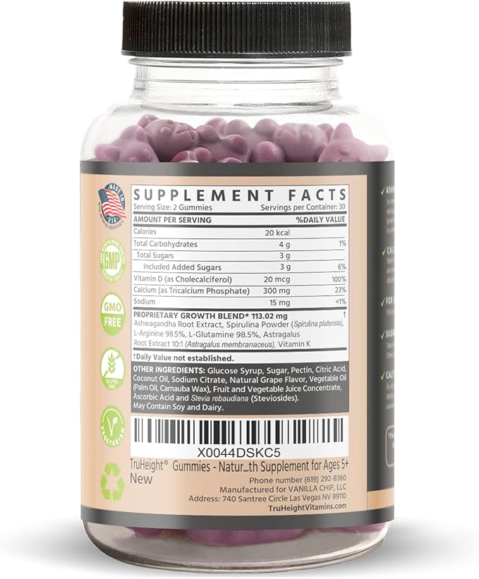 TruHeight Growth Gummies (Grape) Natural Growth & Development Supplement for Kids & Teens - Vitamin D, K, Calcium & Ashwaganda - Bone Strength Vitamins - Picky Eater Vitamin for Kids - Ages 5+