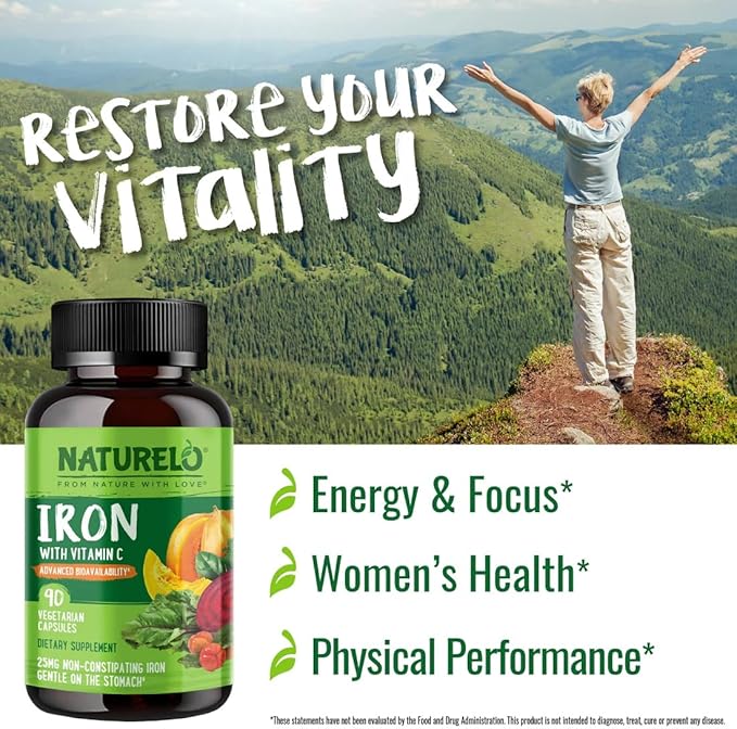 NATURELO Vegan Iron Supplement with Vitamin C and Organic Whole Foods - Gentle Iron Pills for Women & Men with Iron Deficiency Including Pregnancy, Anemia and Vegan Diets - 90 Mini Capsules