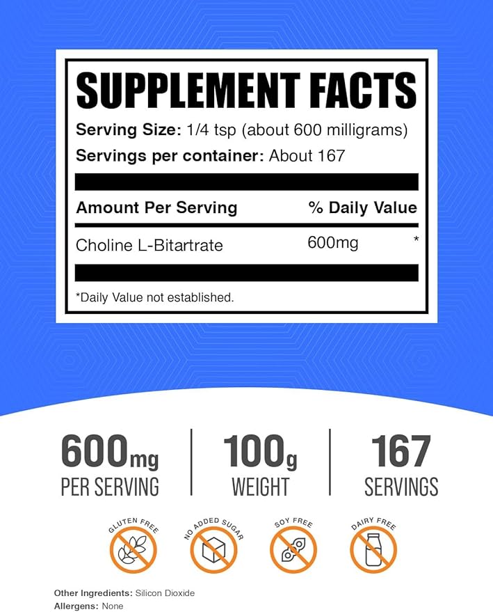 BulkSupplements.com Choline Bitartrate Powder - as Choline L-Bitartrate, Choline Supplement - Gluten Free, 600mg per Serving, 100g (3.5 oz) (Pack of 1)