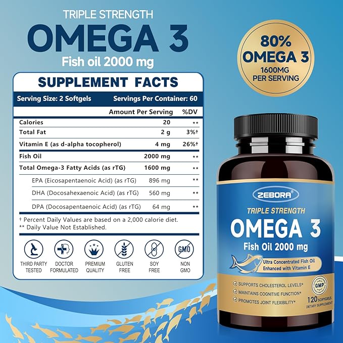 Triple Strength Omega-3 Fish Oil 2000mg with Vitamin E – Ultra High-Potency EPA, DHA & DPA Fatty Acids – Supports Heart, Brain, Eye, Skin & Immune Health – Non-GMO, 120 Softgels