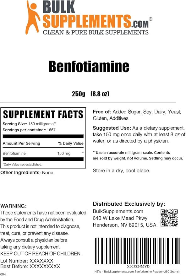 BulkSupplements.com Benfotiamine Powder - Thiamine B1 Supplement, Benfotiamine Supplement - Benfotiamine 150mg, Gluten Free - 150mg per Serving, 250g (8.8 oz) (Pack of 1)