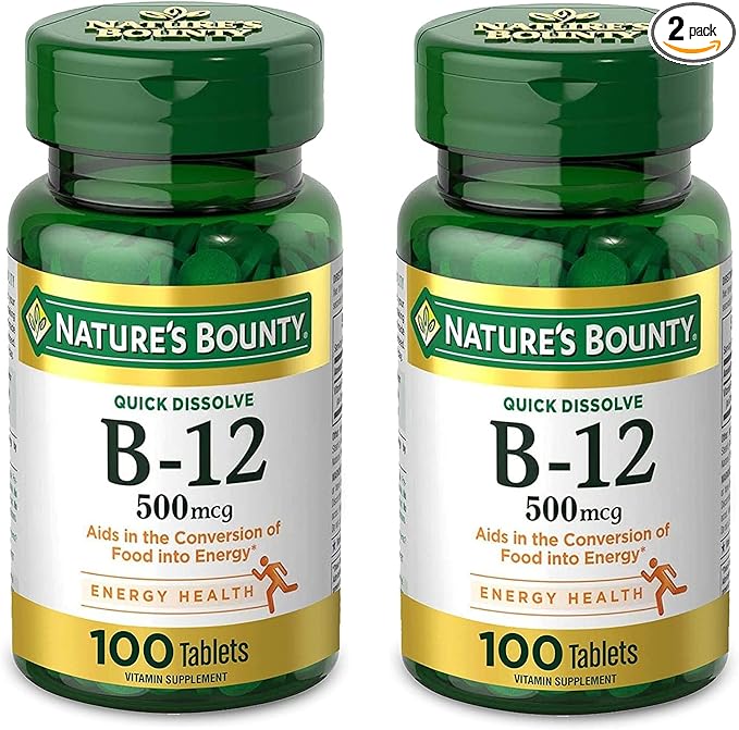 Nature's Bounty Vitamin B12, Supports Energy Metabolism and Nervous System Health, 500mcg, Tablets, 100 Ct (Pack of 2)