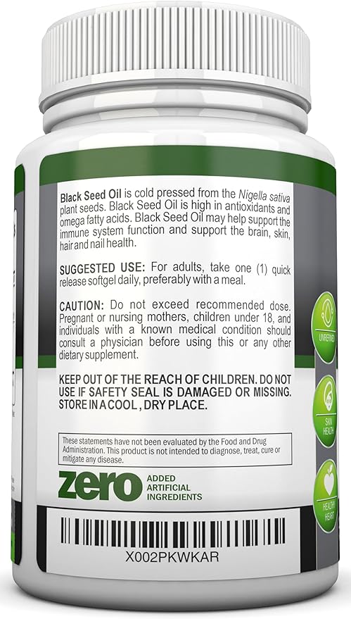 Black Seed Oil - 1000 Mg - 180 Softgels - Cold-Pressed Non-GMO Black Cumin Seed Capsules - Super High Thymoquinone Content - Nigella Sativa - Rich in Omega 6 & 9 Fatty Acids - Immune Health Support
