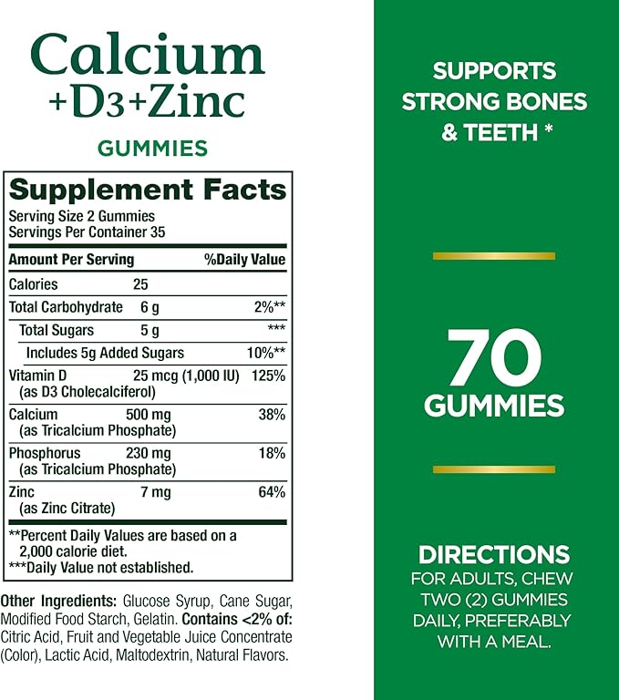 Nature's Bounty Calcium + D3 + Zinc Gummies, Supports Strong Bones & Teeth Plus a Healthy Immune System, 500mg, Orange and Cherry Flavored, 70 Gummies