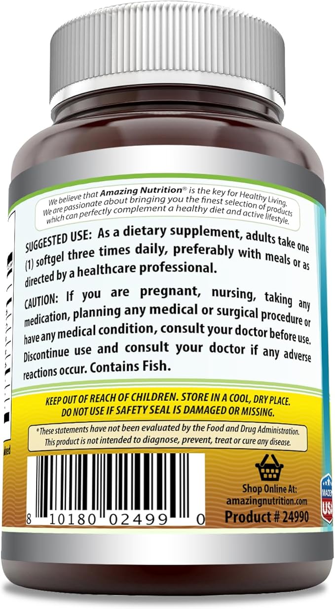 Amazing Omega Fish Oil Supplement | Omega-3, 180 mg EPA. 120 mg DHA | 1000 Mg | 400 Softgels | Non-GMO | Gluten-Free | Made in USA