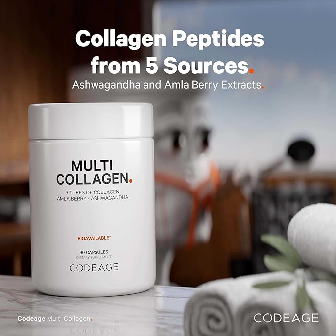 Codeage Multi Collagen Capsules – 5 Collagen Types I, II, III, V & X – Hydrolyzed Grass-Fed Bovine Protein with Ashwagandha, Amla, and Vitamins - 2-Pack