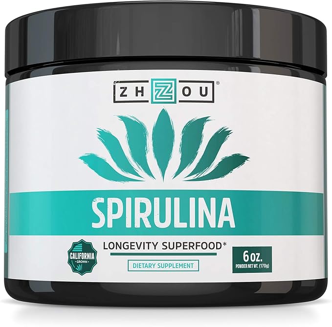 Zhou Spirulina Powder, Nutrient Rich Superfood, California Grown, 100% Pure, Vegan, Gluten Free, Non-GMO, Non-Irradiated, Perfect for Smoothies, Juices, 48 Servings, 6 oz