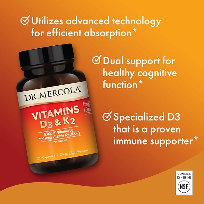 Dr. Mercola Vitamins D3 & K2 - Supports Immune, Brain, Cardiovascular, Respiratory & Bone Health - GMO-Free, Gluten-Free & Soy-Free - 30 Capsules (30 Servings)