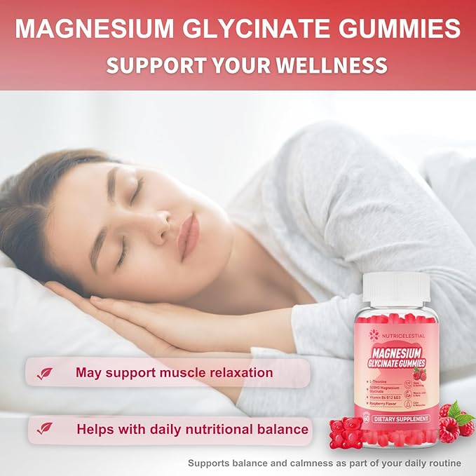 Magnesium Glycinate Gummies 500mg, High Absorption Magnesium Supplement, Suitable for Adults, Sugar-Free, Gelatin-Free, Vegan Friendly, Non-GMO, 60 Raspberry-Flavored Gummies