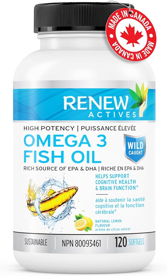 Renew Actives Omega-3 Fish Oil 2400MG per 2 Softgels - 720MG EPA & DHA - Supports Heart, Brain, Eye Health, & Triglyceride Reduction - No Fishy Aftertaste - Made in Canada - 120 Softgels