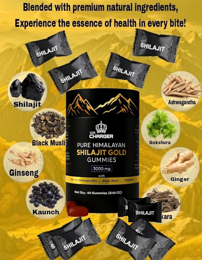 Pure Himalayan Shilajit Gummies Gold with KSM 66 Ashwagandha, Gokshura, Black Musli | Fulvic Acid & 85+ Trace Minerals | Shilajit for Men, Women | 100% Natural and Organic | 60 Gummies