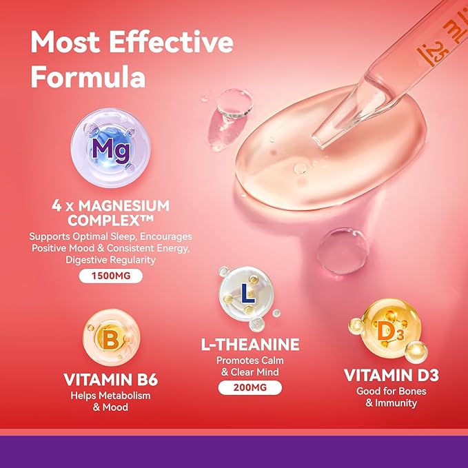 Magnesium Glycinate Liquid Drops 1500mg with Magnesium Citrate & Taurate, L-Theaine, Vitamin D3, B6, Supports Calm, Sleep, Muscle Relaxation, Leg Cramps & Energy, Strawberry Flavor, 60 mL