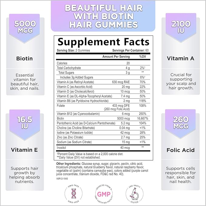 Hair Vitamins Gummies with Biotin 5000 mcg - Vitamin E, C & Zinc Support Hair Growth for Women & Men, Premium Vegetarian & Non-GMO, Stronger, Beautiful Hair, Skin & Nails Supplement - 120 Gummy Bears
