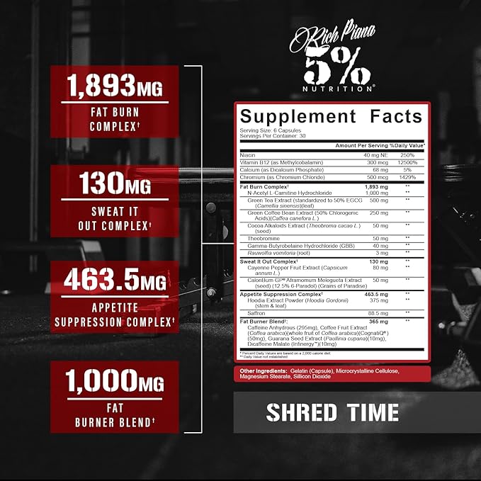 5% Nutrition Shred Time Fat Burner | Green Tea, Coffee Bean, Cayenne, Theobromine, GBB | Appetite Suppression | 30 Servings (180 Capsules)