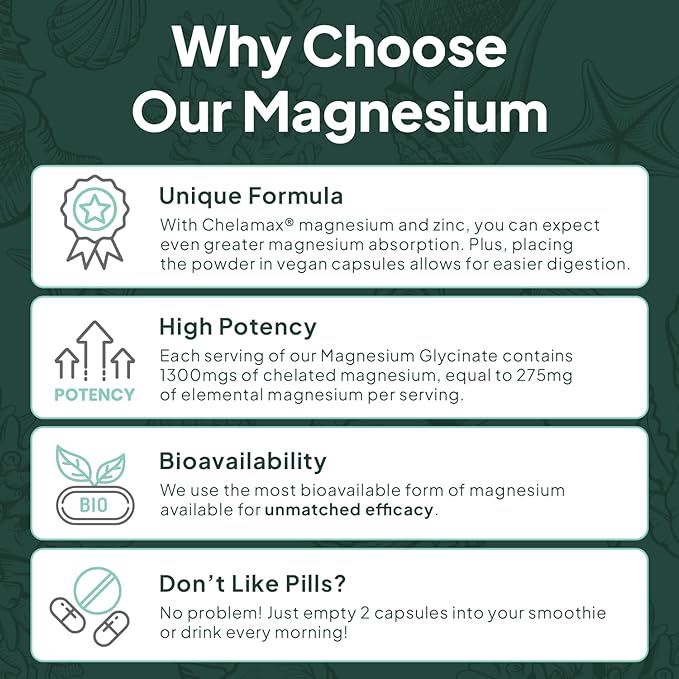 Pure Magnesium Glycinate with Zinc - Maximum Strength Chelated Magnesium Supplement for Women and Men for Muscle Cramps and Sleep Support - 90 Capsule