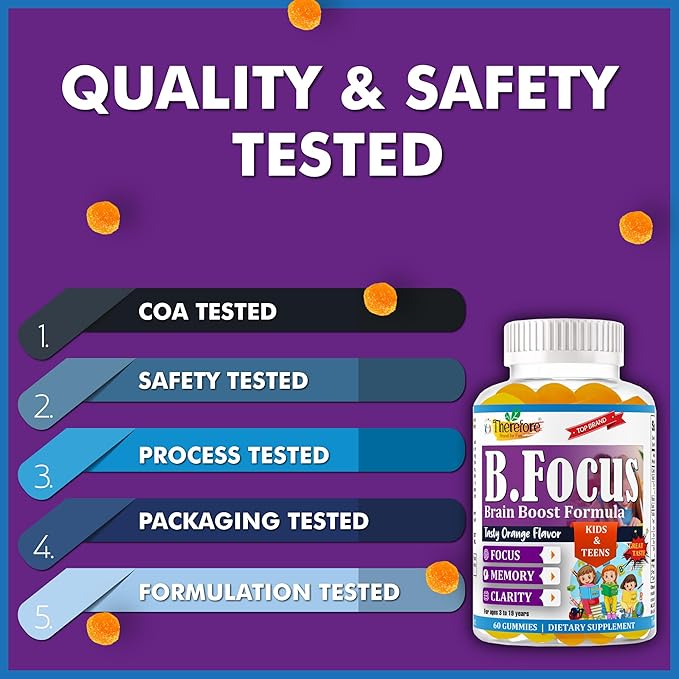 Therefore Kids Brain Booster Supplement Omega 3 for Kids & Teens, Focus Gummies Support Mental Clarity, Attention Concentration, Brain Supplements for Memory and Focus, Fruity Flavor 60 Gummy