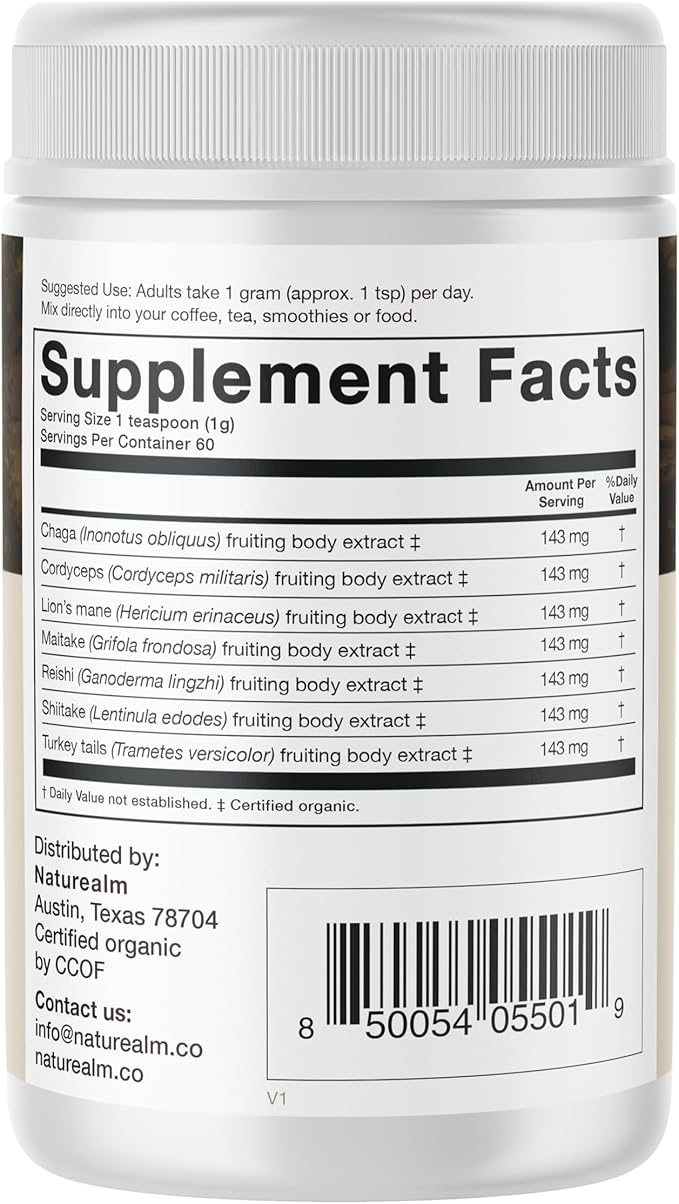 Sacred 7 Mushroom Coffee Booster | Organic Mushroom Supplement Powder – Lions Mane, Reishi, Chaga & More | Adaptogen + Nootropic | 100% Fruiting Bodies | Mix with Coffee,Tea, Smoothies - 60 Servings