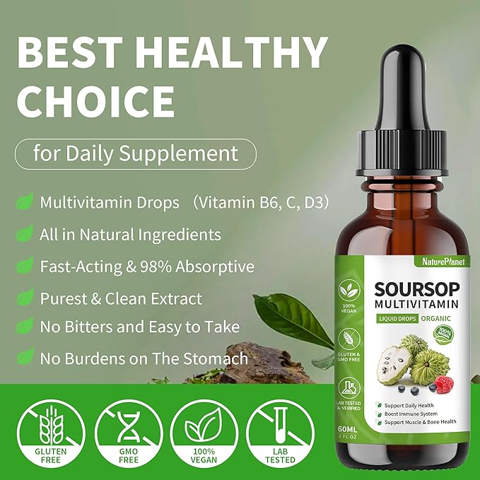 Organic Soursop Bitters Liquid Drops with Vitamin B6, C, D3 Soursop Multivitamin Liquid for Gut Detox Bone Health & Immune Boost Daily Health Support Gluten-Free Vegan & Organic - 4 Fl Oz, 120 ml