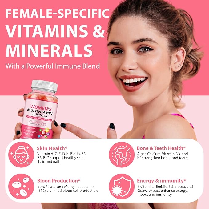 Womens Multivitamin Gummy with Vitamins A, C, D, E, K, B6, B12, Multivitamins for Women, Support Energy Beauty Immune, Hair & Nails, Skin Care, Strawberry Flavor, Sugar Free (120 Gummies)