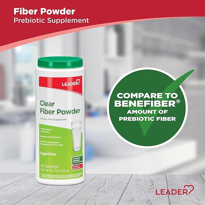 Leader Prebiotic Fiber Supplement Powder for Digestive Health, 100% Natural Daily Fiber Powder, Sugar-Free, Taste-Free, Gluten Free, Non-GMO, Unflavored, 62 Servings (8.7 OZ) (Pack of 3)