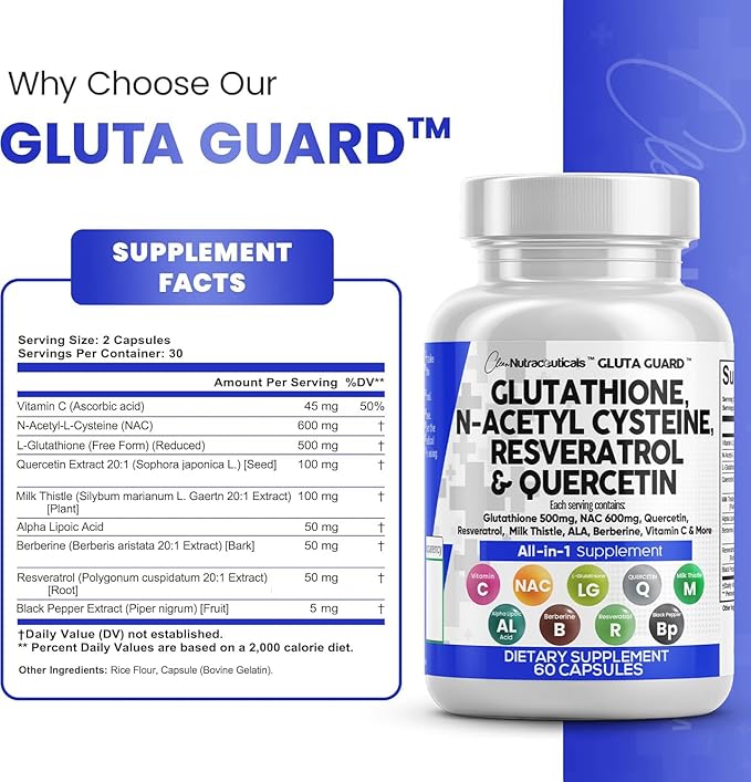 Clean Nutraceuticals Glutathione 500mg Supplement with Vitamin C N Acetyl Cysteine 600mg Berberine 1000mg Resveratrol Quercetin Alpha Lipoic Acid - Reduced L Glutathion Free Form Women 60 Ct USA Made