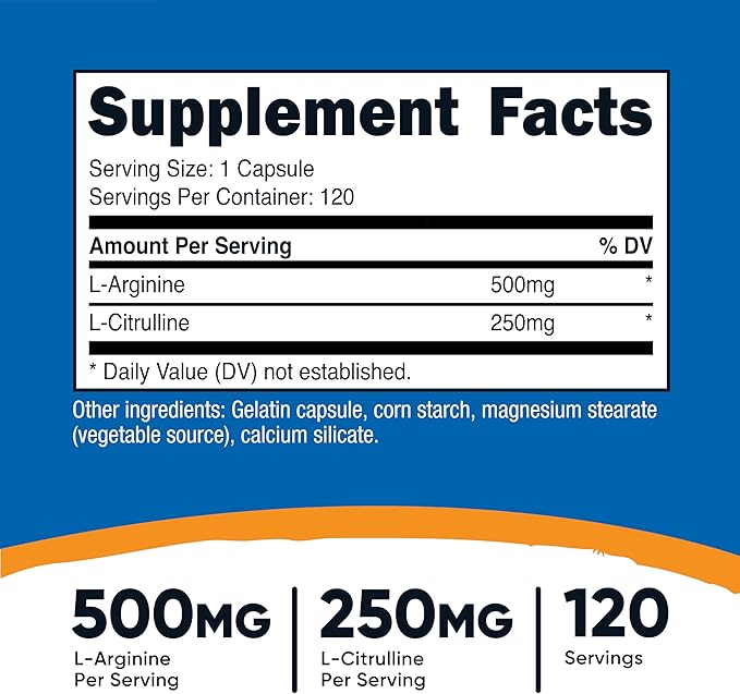 Nutricost L-Arginine L-Citrulline Complex 750mg, 120 Capsules - Non-GMO