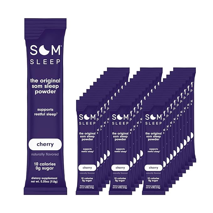 Som Sleep, Restful Calm Sleep Powder Drink Mix, 3mg Melatonin, Magnesium, Vitamin B6, L-Theanine, GABA – Vegan, Zero Sugar, Keto Friendly – Cherry, 30-Pack