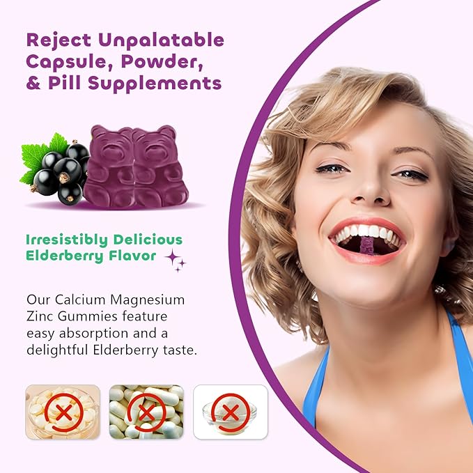 2 Pack Calcium Magnesium Zinc Gummies with Vitamin C D3 K2, Calcium Gummies for Bone, Muscle, Calm & Zzz Support, High Absorption Formula with Magnesium Zinc Potassium, Elderberry Flavored 120 Cts