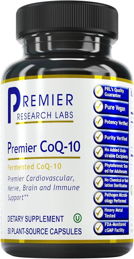 Premier CoQ-10, 50 Capsules, Vegan Product - Live-Source, Fermented CoQ10 (100 mg; Trans Isomer Form) The Preferred Lipid-Soluble Form for Premier Cardiovascular, Nerve, Brain and Immune Support