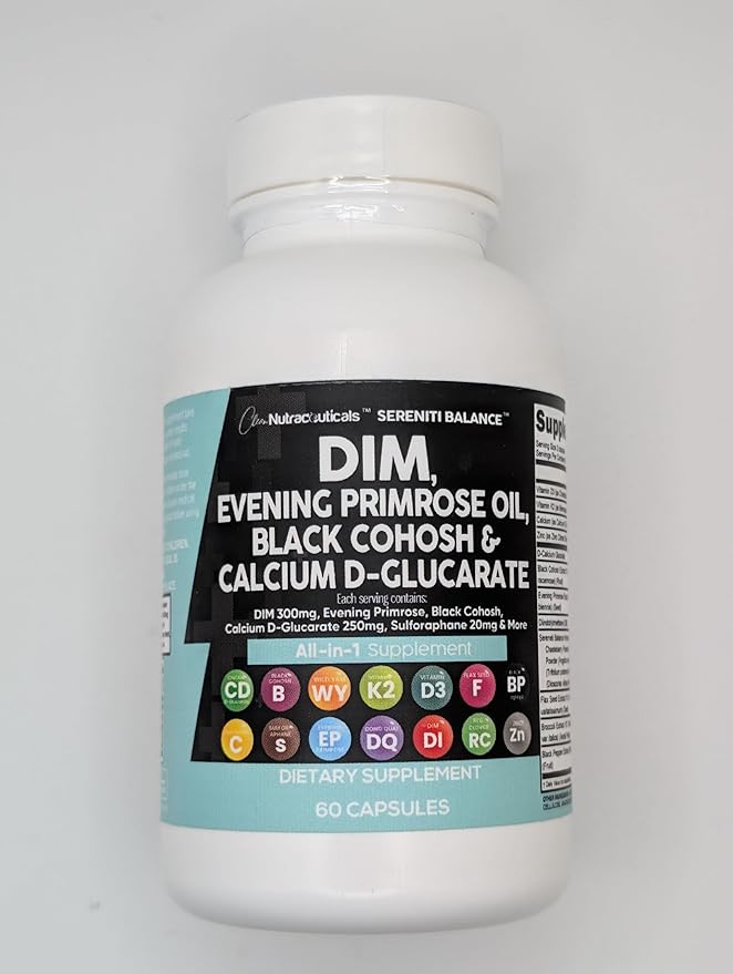 Clean Nutraceuticals DIM Evening Primrose Black Cohosh Calcium D-Glucarate Sulforaphane Flax Seed Extract - Hormonal Support Vitamins for Women with Dong Quai - 60 Caps