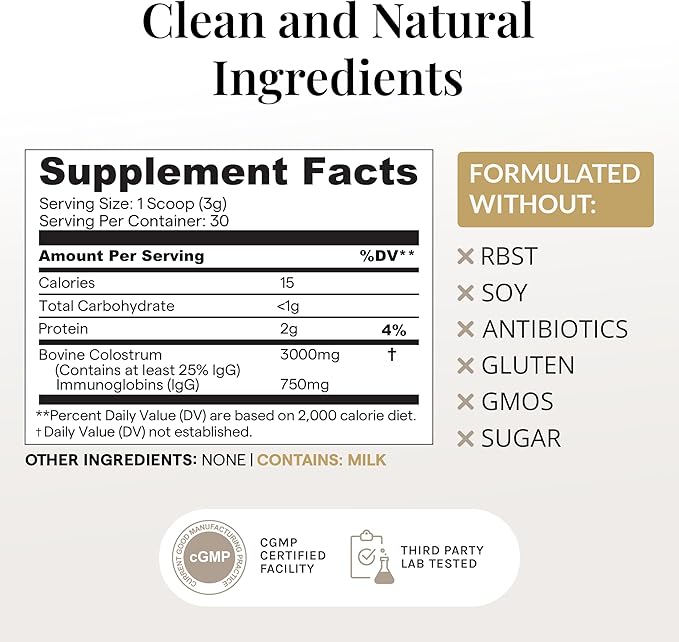 Bovine Colostrum Powder (Unflavored) Grass Fed Colostrum Supplement for Gut Health, Immune Support Healthy Hair, Skin & Nails - 30 Servings