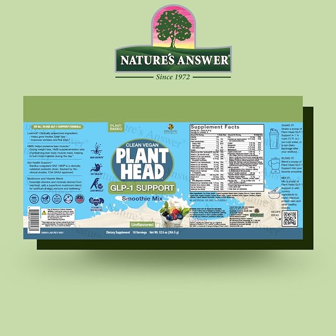 Plant Head GLP-1 Support 12.5 Ounce Smoothie Mix | Unflavored | Plant Based | Vegan | Non GMO | Gluten Free | Mushroom Blend with HMB & Digestive Enzymes