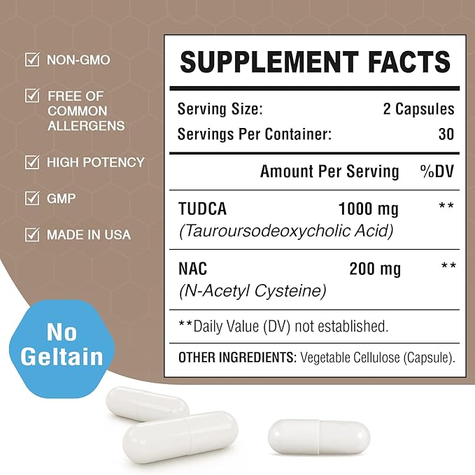 TUDCA with NAC Supplement 1200mg - 120 Capsules,Powerful TUDCA Bile Salt Plus N-Acetyl-Cysteine,Antioxidant Supplements for Liver,Digestion