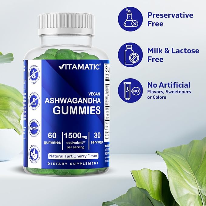 Vitamatic 2 Pack Ashwagandha Gummies 1500 mg Equivalent Per Serving (from 30:1 Extract 50 mg) - 60 Vegan Gummies - 3% Withanolides