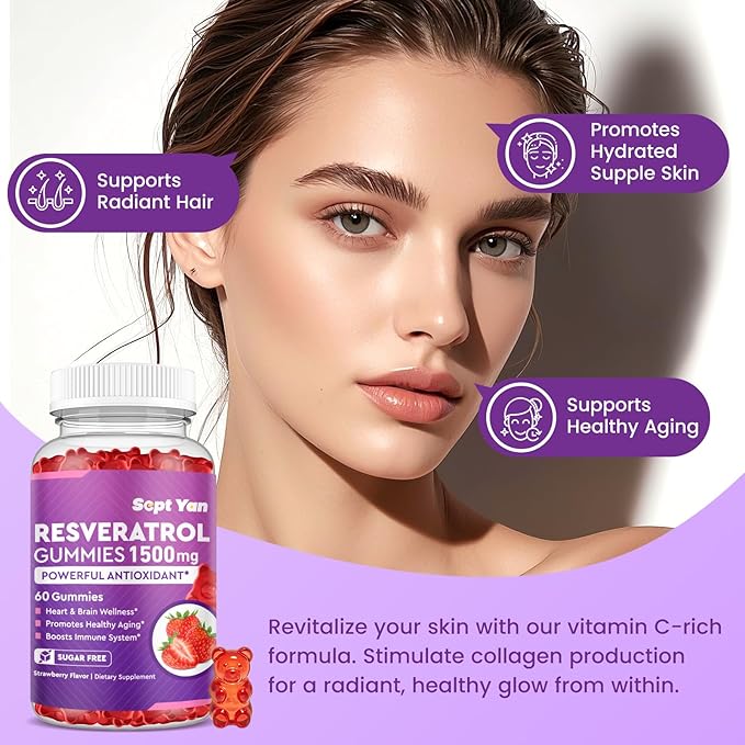 Resveratrol Gummies 1500mg - Resveratrol Supplement with NAC, Vitamin C, E, Quercetin, Berberine, CoQ10, Antioxidant, Healthy Aging & Longevity, Skin, Joint, Brain Wellness - 60 Gummies