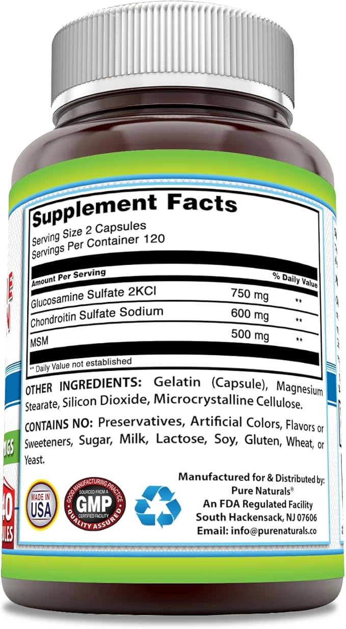 Pure Naturals Glucosamine Chondroitin + MSM Supplement | 1850 Mg | 240 Capsules | Non-GMO | Gluten-Free | Made in USA