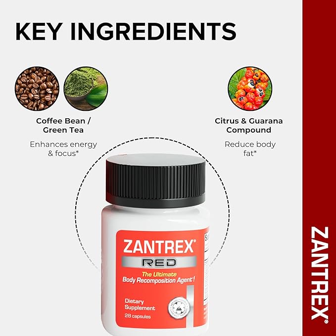 Zantrex Red Body Recomposition & Active Energy Booster Supplement | Supports Body Sculpting, Increased Focus & Workout Performance | 28 Capsules