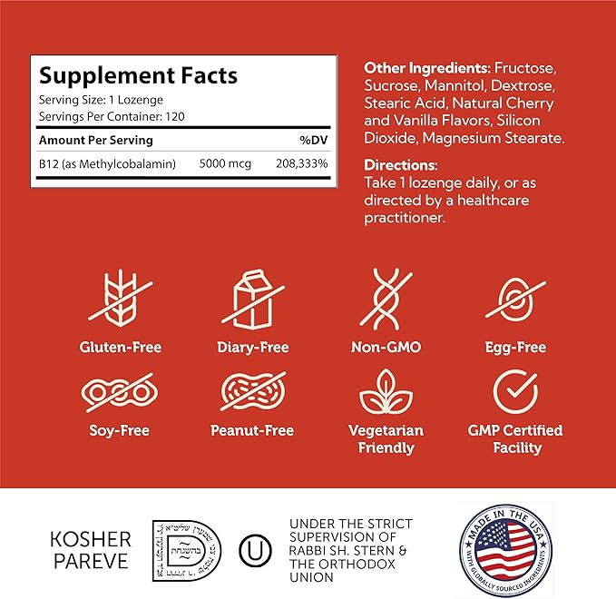Zahler Energizer+ Vitamin B12-5000 mcg Vitamin B12 - Natural Cherry Flavor Dissolvable Lozenges - Kosher Gluten Free Non-GMO B12 Vitamins 5000 mcg, Energy Boost, Made in USA (120 Count)