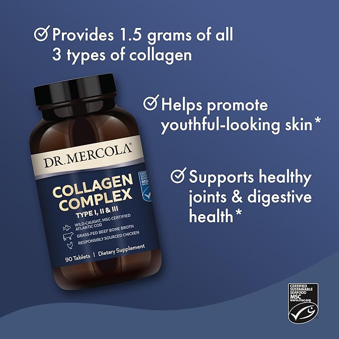 Dr. Mercola Collagen Complex Dietary Supplement, Type I, II and II, 30 Servings (90 Tablets), Non GMO, Gluten Free, Soy Free