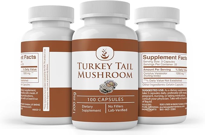 Pure Original Ingredients Turkey Tail Mushroom, (100 Capsules) Always Pure, No Additives Or Fillers, Lab Verified