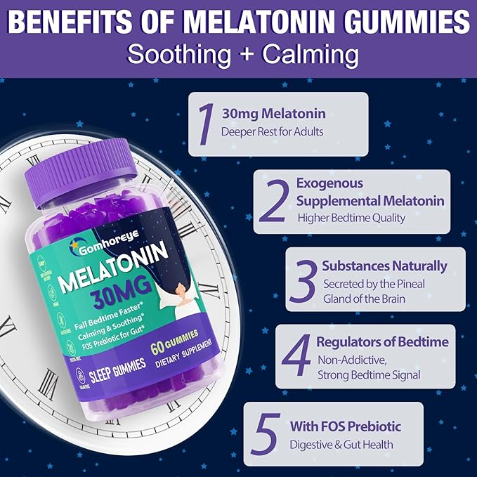 Melatonin Gummies 30mg for Adults - Maximum Strength Melatonin Gummies for Relaxation & Soothing, Exogenous Melatonin Supplement with FOS for Immune, Gut Health and pH Balance, Sugar Free -120 Counts