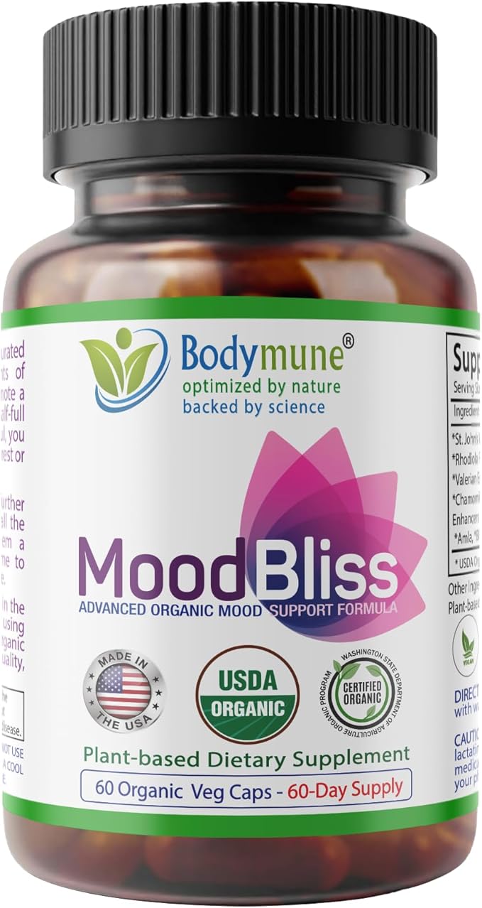 MoodBliss Mood Support Supplement, USA-Made USDA Organic Plant-Based Superfood for Stress Relief, Calm Mind & Body w/St John’s Wort Rhodiola Ashwagandha Valerian Medicinal Oils & More 60 ct