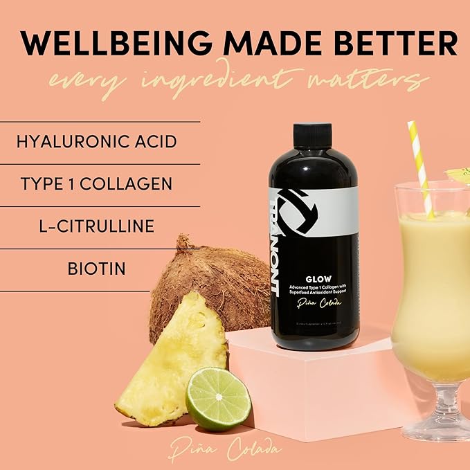Tranont Glow | Piña Colada | 2 Pack | Type 1 Collagen with Superfood Antioxidant Support | for Hair, Skin, Nails & Joints | Liquid Collagen with Hyaluronic Acid & Peptides | 30 Fl Oz