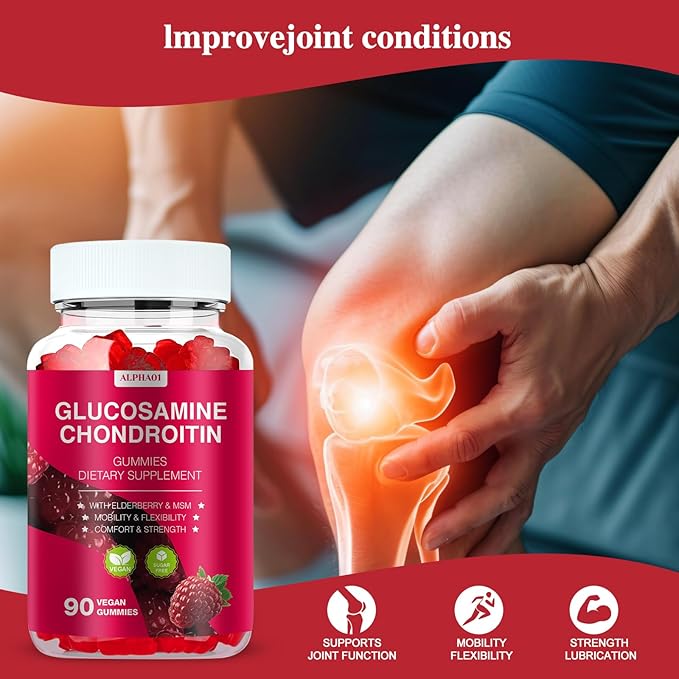 Glucosamine Chondroitin Gummies - 3000MG Extra Strength Joint Support Supplement with MSM & Elderberry, Flexibility, Antioxidant Immune Support Gummy for Adults, Men & Women - 90 Raspberry Gummies