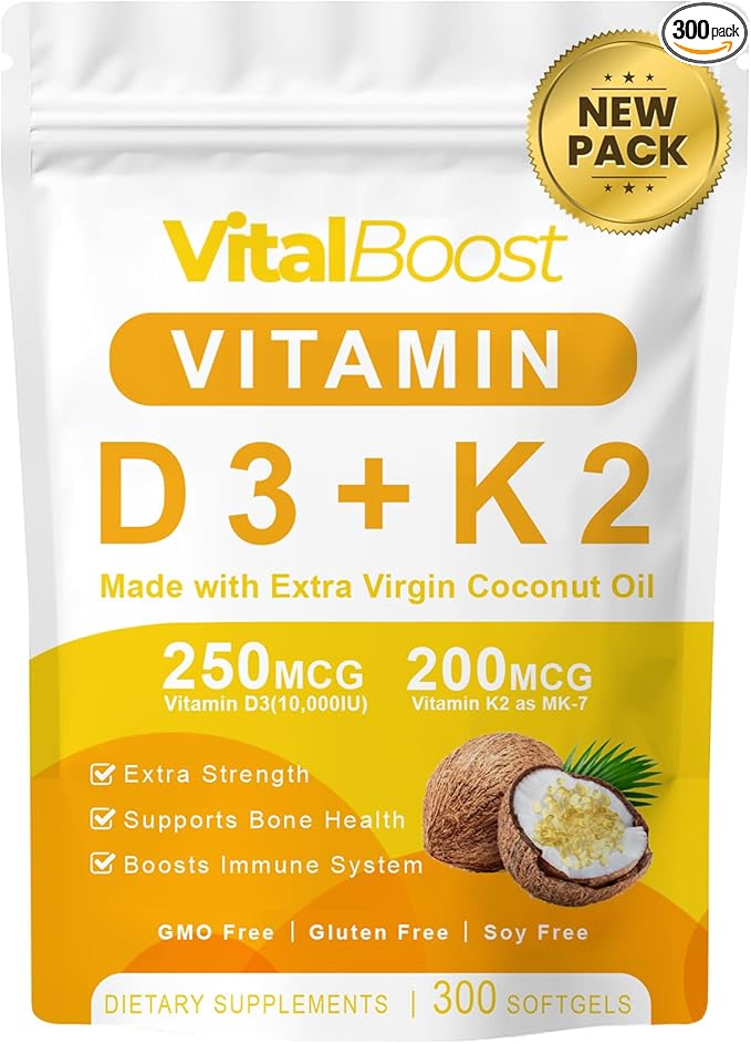 New VitalBoost D3 K2, Vital Boost Vitamin D3 K2 Supplement Softgels, D3 K2 Vitamin 10000 Iu 300 Softgels/Pack