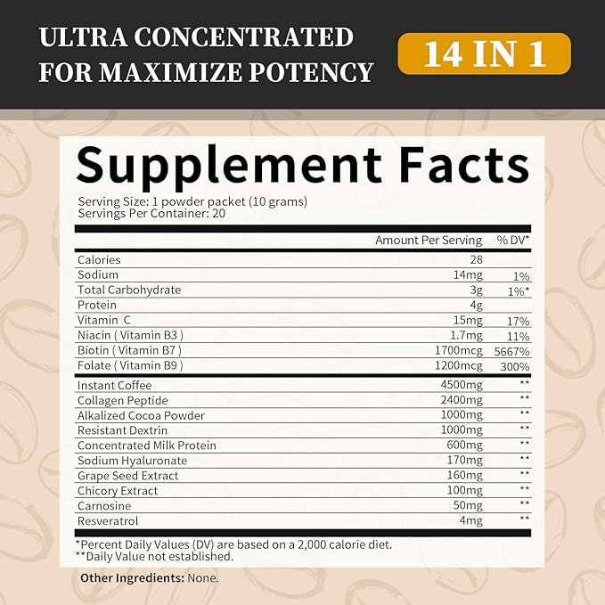 Instant Collagen Coffee with Vitamin C, B7, B9, Collagen Peptide Powder with Reseratrol, Carnosine for Hair Skin Nails Bones
